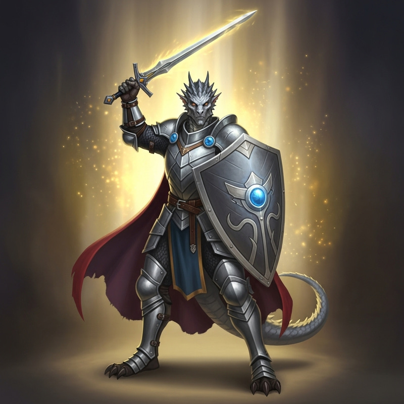 Realistic Silver Dragonborn Paladin with Magical Shield and Sword in Silver Armor Realistic Silver Dragonborn Paladin with Magical Shield and Sword in Silver Armor