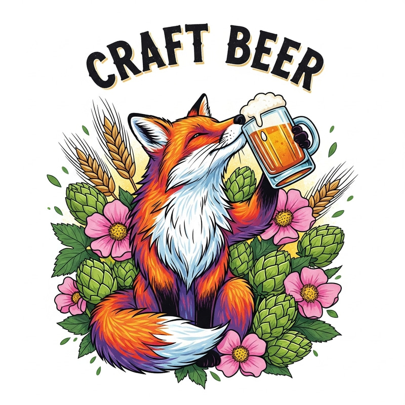 Craft Beer Label: Vibrant Fox & Brew Culture Illustration Craft Beer Label: Vibrant Fox & Brew Culture Illustration