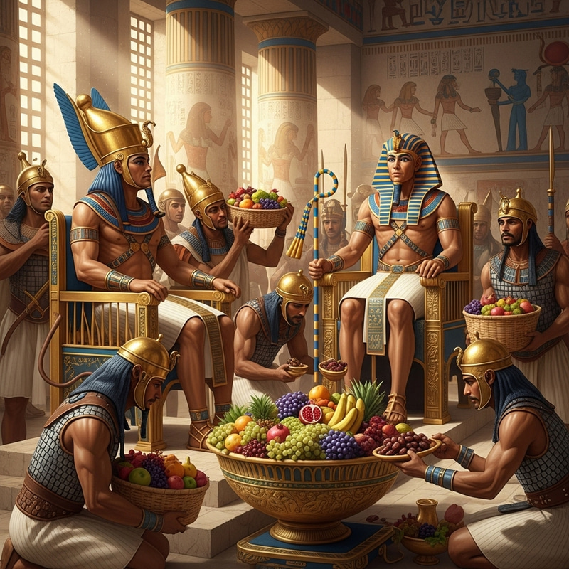 Ancient Pharaoh on Throne with Soldiers