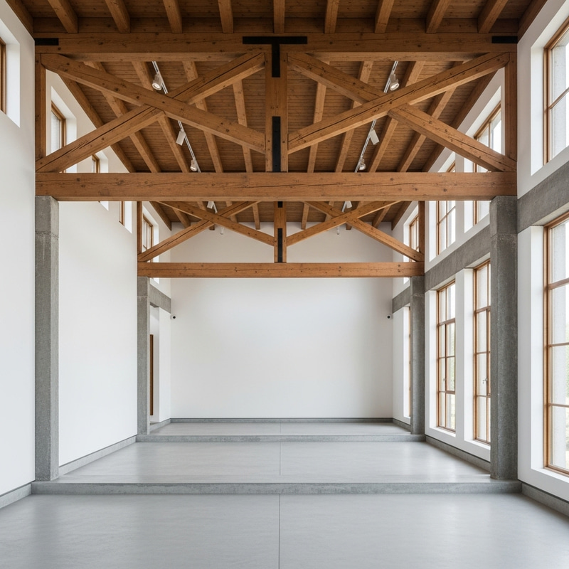 Spacious Contemporary Art Gallery with Wood and Concrete Beams Spacious Contemporary Art Gallery with Wood and Concrete Beams