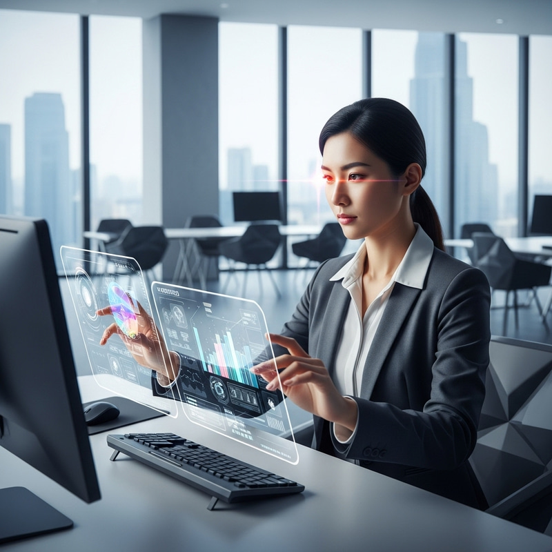 Elegant Woman Using Futuristic Computer in Minimalist Office Elegant Woman Using Futuristic Computer in Minimalist Office