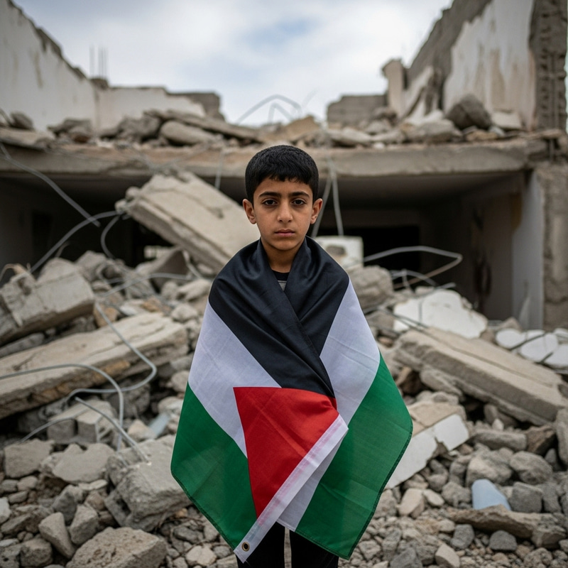 Young Boy Standing in Front of Destroyed Home with Palestinian Flag