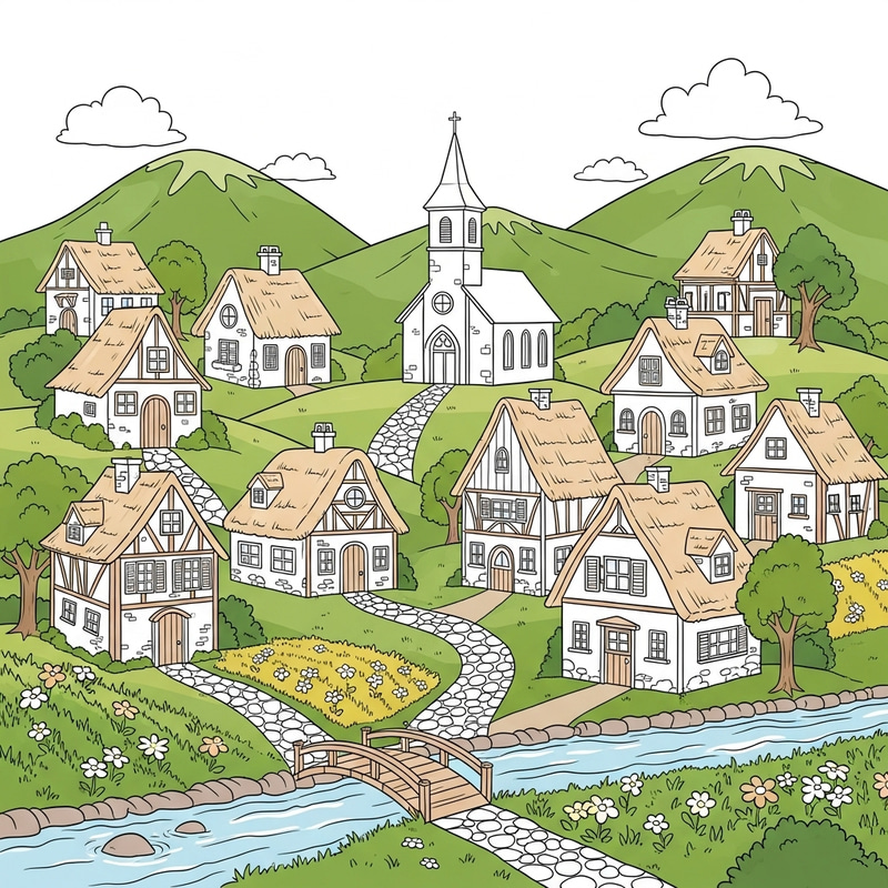 Whimsical Village for Children Coloring - Creative Kids' Activity Whimsical Village for Children Coloring - Creative Kids' Activity
