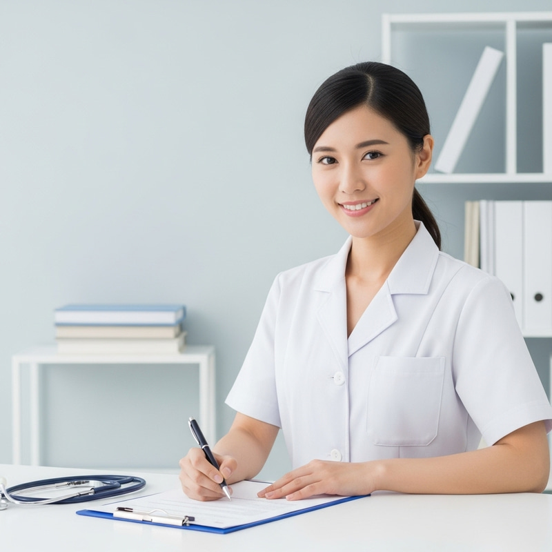 White Girl Doctor Writing Document Smiling, Open Pose White Girl Doctor Writing Document Smiling, Open Pose