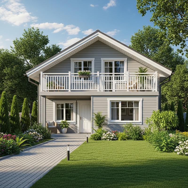 Realistic One-Storey Frame House with Balcony Realistic One-Storey Frame House with Balcony