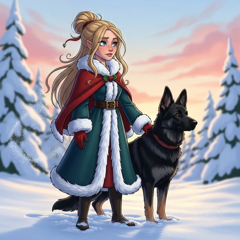Realistic Female Grinch with German Shepherd in Snow Field Realistic Female Grinch with German Shepherd in Snow Field