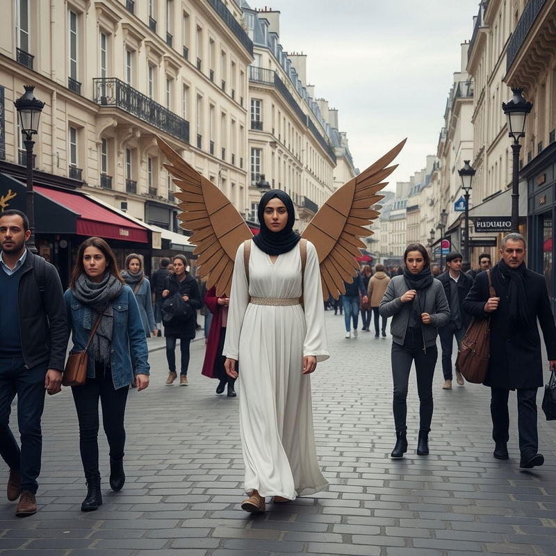 Unique Paris Street Image Featuring Angel with Cardboard Wings