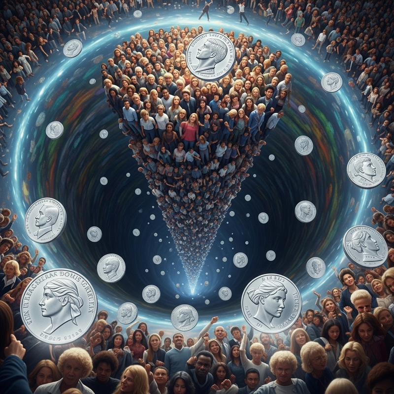 Surreal Vortex: Diverse Individuals Transformed into Shiny Silver Coins