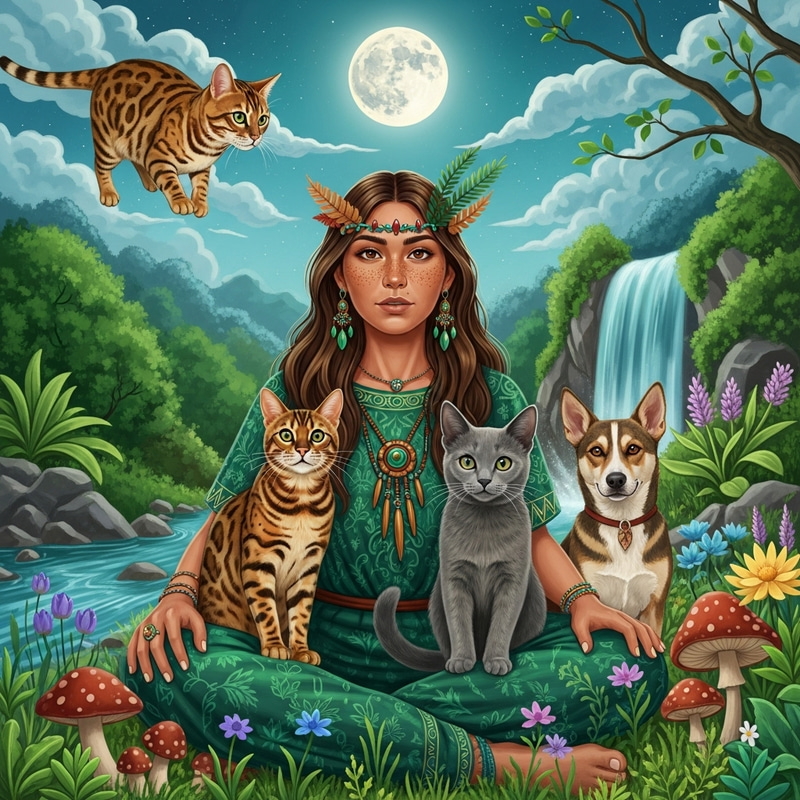 Golden Bengal Cat and Shaman Woman in Enchanted Natural Realm