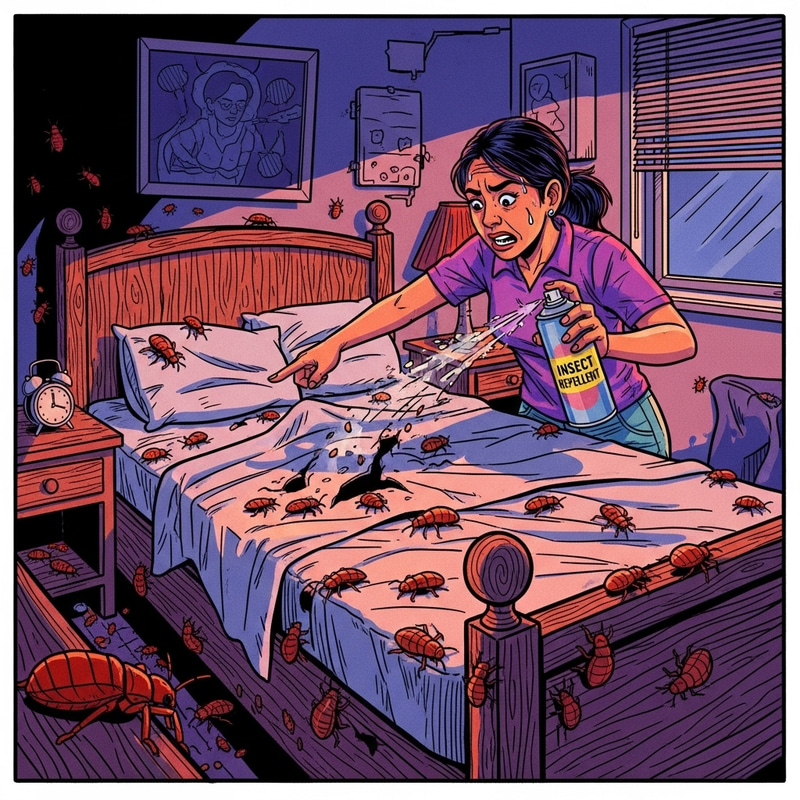 Vibrant Comic Strip of Woman with Bed Bug Infestation