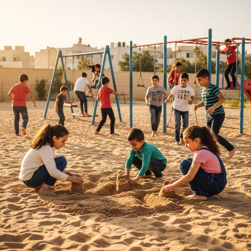 Palestinian Children Playing in Sunlit Playground Palestinian Children Playing in Sunlit Playground