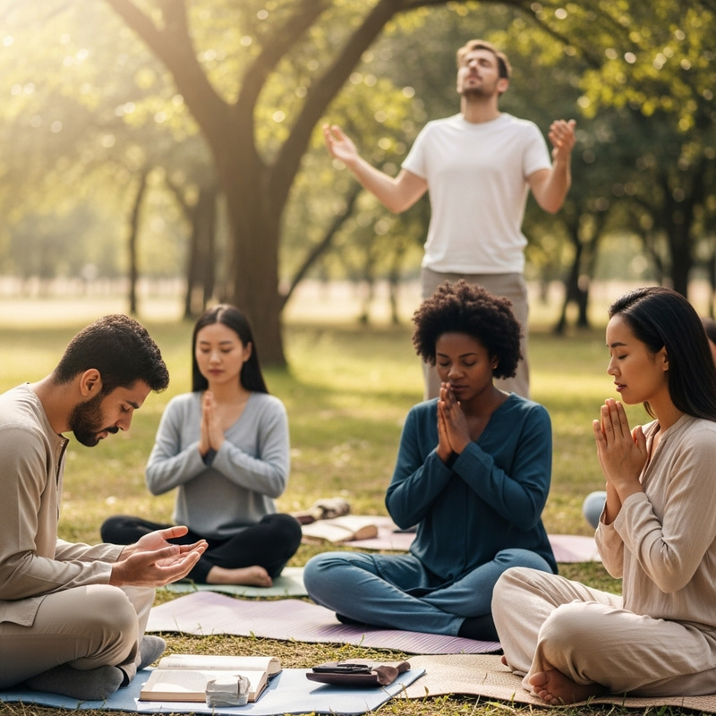 Diverse Prayer Gathering in Serene Open Setting Diverse Prayer Gathering in Serene Open Setting