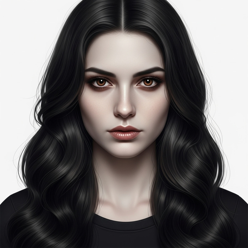 Moonlit Beauty: Enigmatic Pale Lady with Dark Hair & Amber Eyes