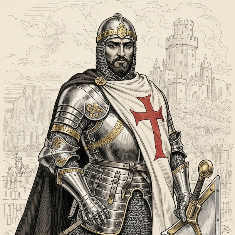 Middle-Eastern Knight with Biblical Symbol Cape - Detailed Pencil Drawing