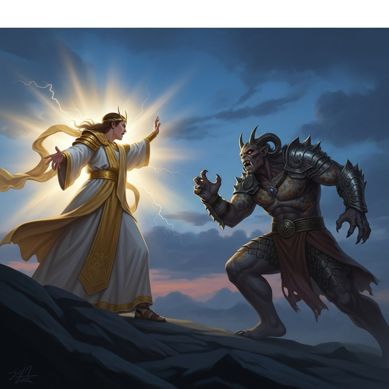 God vs Monster - Epic Battle Under Celestial Twilight Sky God vs Monster - Epic Battle Under Celestial Twilight Sky