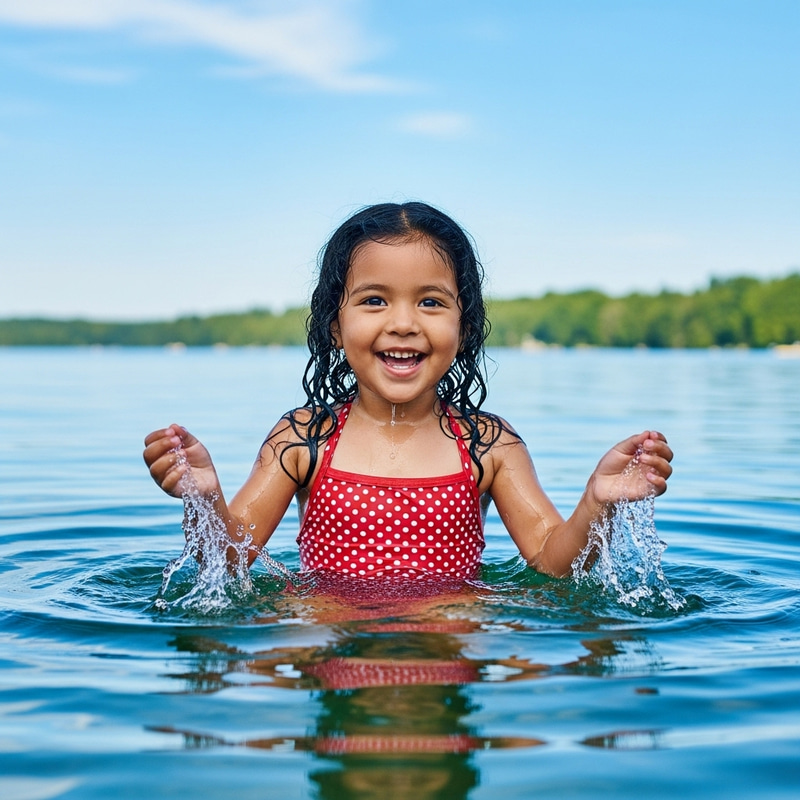 Pure Delight: Young Hispanic Girl Splashing playfully in Blue Water