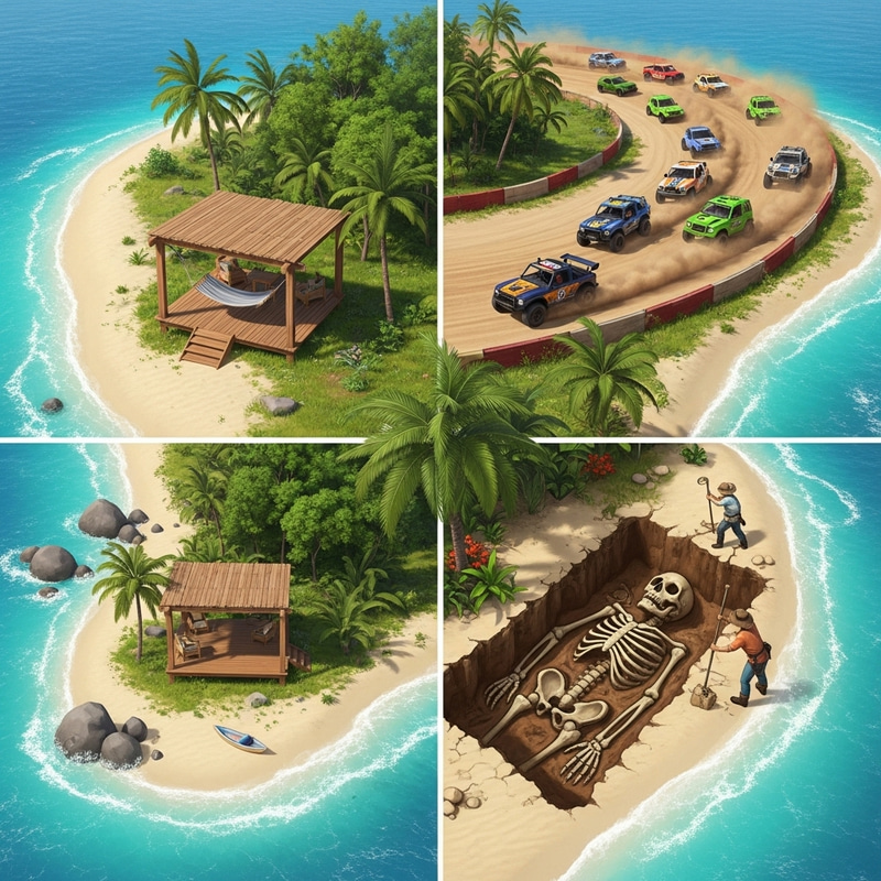 Personal Island Adventure: Racing, Shelter, Skeleton