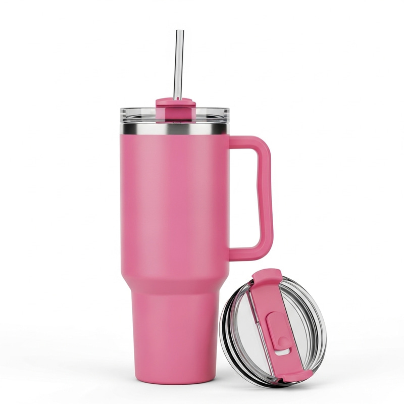 Tall Pink Tumbler Cup with Handle, Lid, and Straw