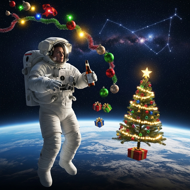 Astronaut Celebrating Christmas in Space with Beer Astronaut Celebrating Christmas in Space with Beer