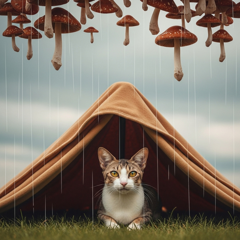 Vietnamese Cat Finding Shelter from Mushroom Rain under Canopy