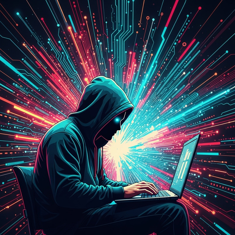 Bright Background to Grab Attention | Cybercriminal in Hood with Laptop for Cyber Fraud Idea Bright Background to Grab Attention | Cybercriminal in Hood with Laptop for Cyber Fraud Idea
