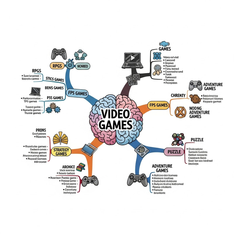 Video Game Mind Map: RPGs, FPS, Strategy, Adventure, Puzzle Games Video Game Mind Map: RPGs, FPS, Strategy, Adventure, Puzzle Games