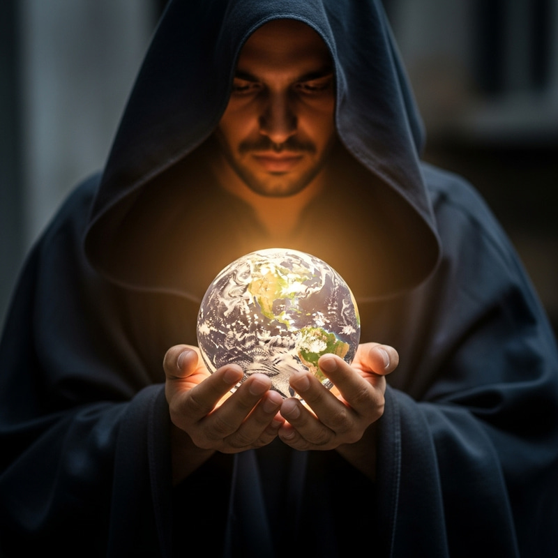 Mysterious Hooded Man with Earth Replica Mysterious Hooded Man with Earth Replica