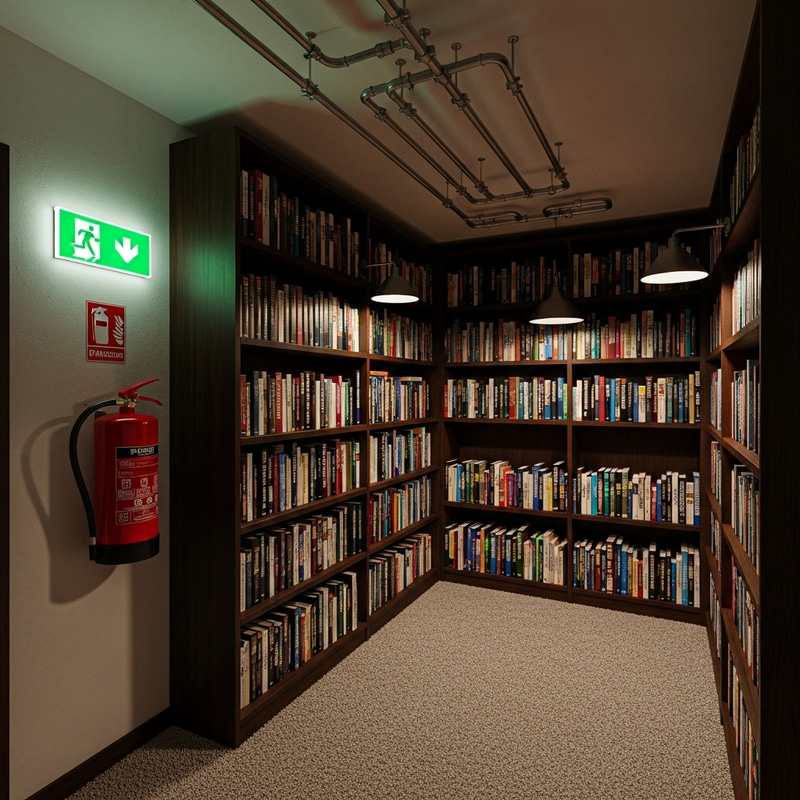 3D Library Room with Books, Shelves, and Fire Safety 3D Library Room with Books, Shelves, and Fire Safety