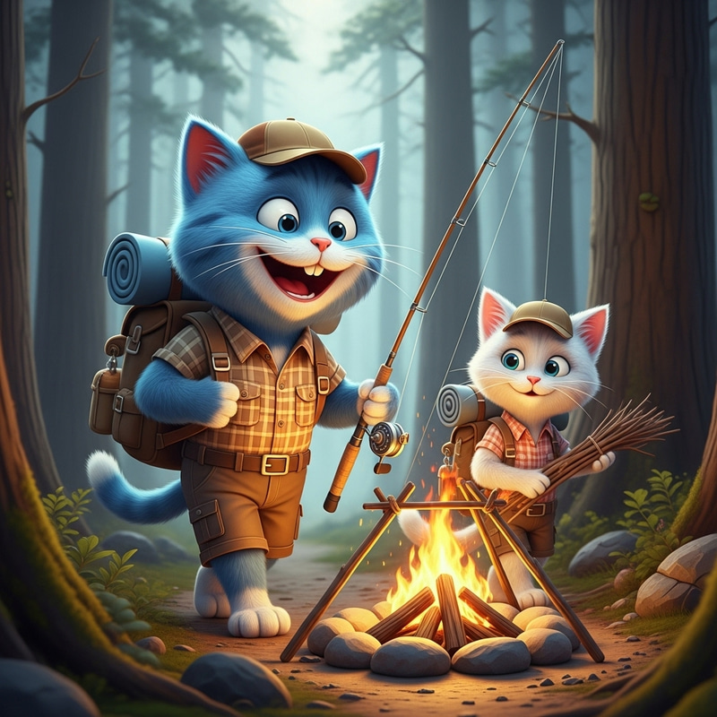 Realistic Blue Cat Tom Camping Adventure with White Cat Spouse