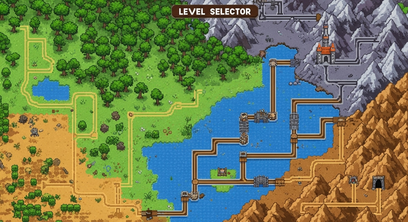 32-Bit Pixelated Adventure Map: Oak Forest, Tall Castle & More