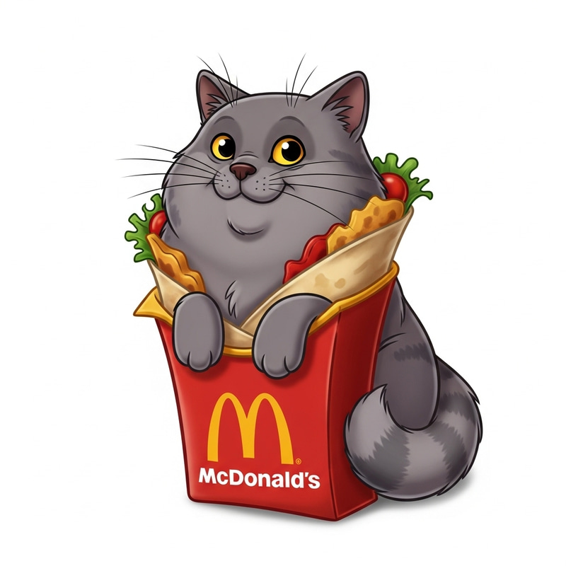 Chubby Male Gray Chartreux Cat Inside a Disney Pixar Style McDonald's Wrap