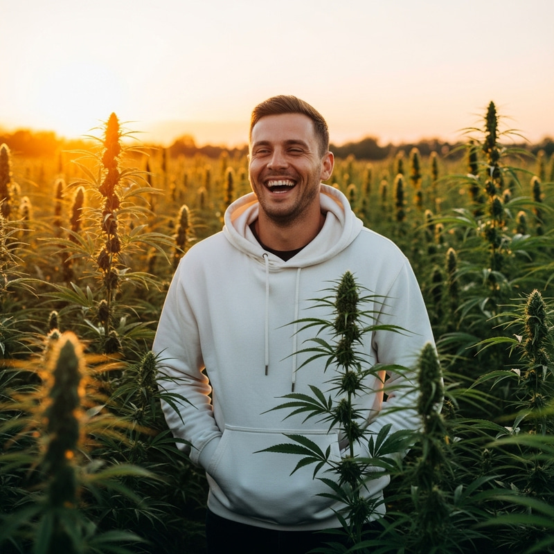 Man Laughing in Hemp Plantation, White Hoodie Man Laughing in Hemp Plantation, White Hoodie
