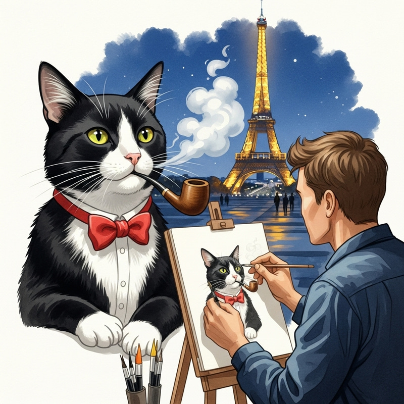 Cat Smoking in Paris: Biden Painting in Background Cat Smoking in Paris: Biden Painting in Background