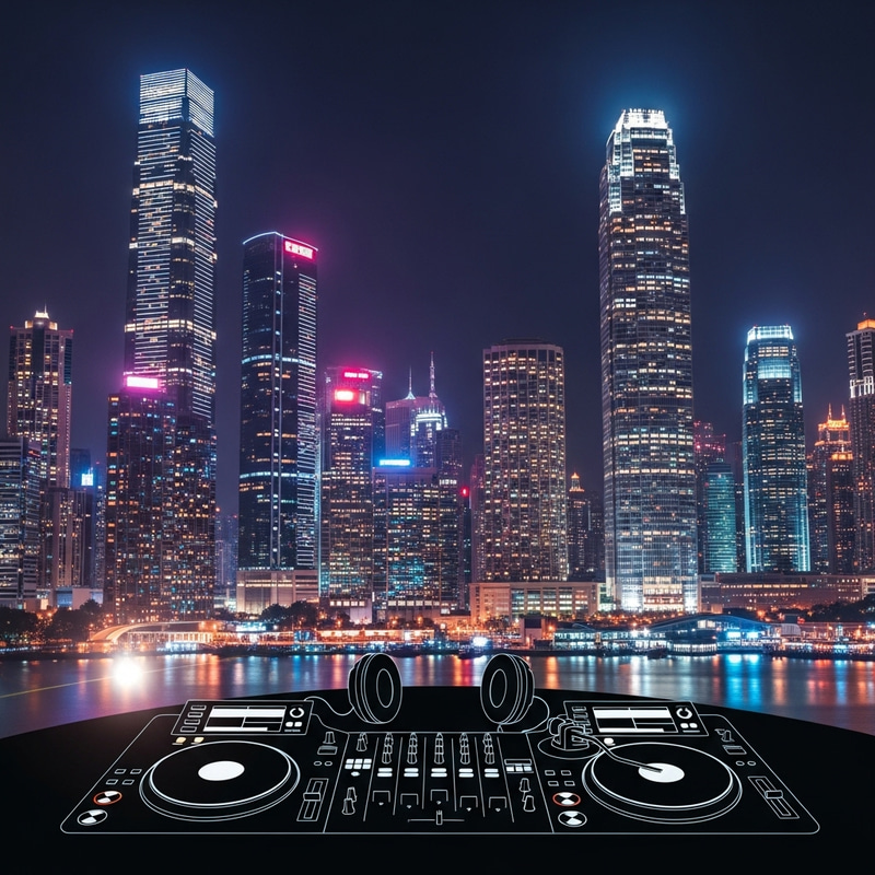 Vibrant Cityscape with Neon Lights - DJ Booth Nightlife