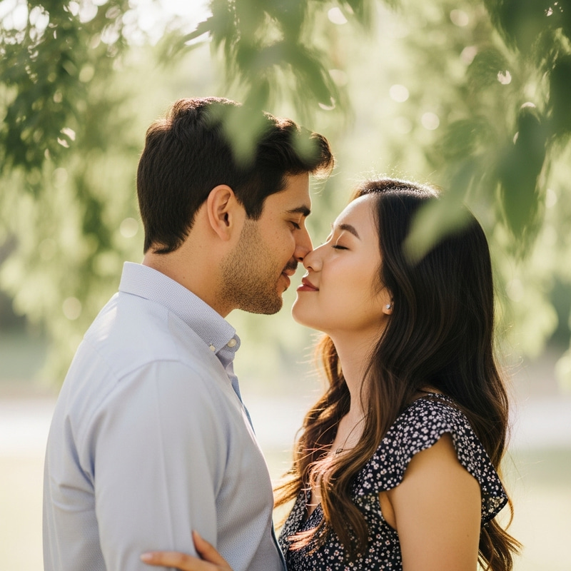 Romantic Moment: Man Kissing Woman Under Sunlit Trees Romantic Moment: Man Kissing Woman Under Sunlit Trees