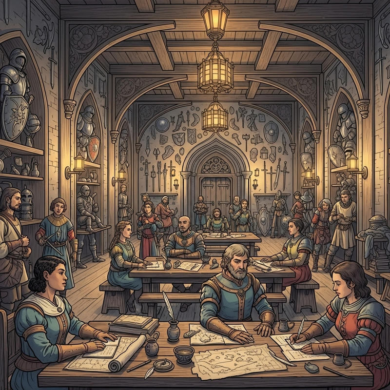 Intricate Adventurer's Guild Hall Art | Da Vinci Style Sketch