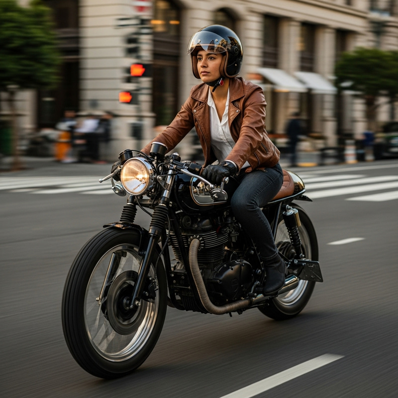 Young Attorney with Short Hair Riding Café Racer Motorcycle Young Attorney with Short Hair Riding Café Racer Motorcycle