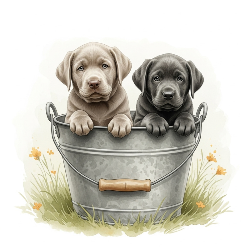 Adorable Silver and Charcoal Labrador Puppies in Bucket Watercolor Adorable Silver and Charcoal Labrador Puppies in Bucket Watercolor