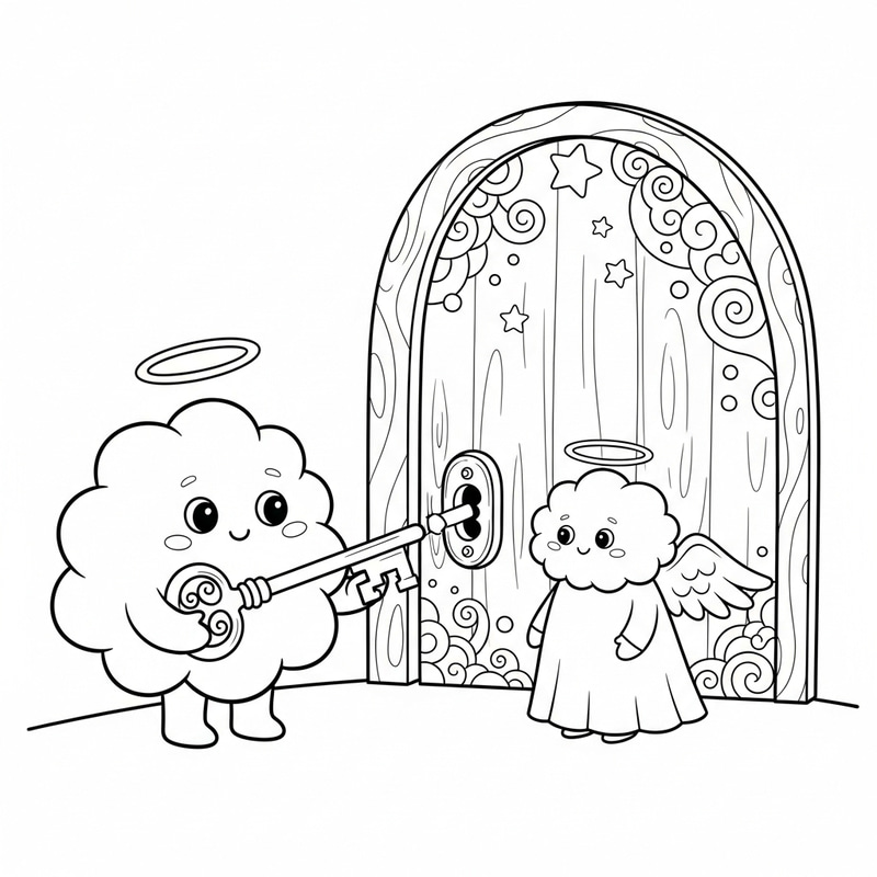 Enchanting Cloud Coloring Page - Key to Angelic Realm