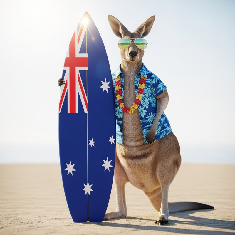 Sunglasses-Clad Kangaroo in Hawaiian Shirt by Australia Flag Surfboard Sunglasses-Clad Kangaroo in Hawaiian Shirt by Australia Flag Surfboard