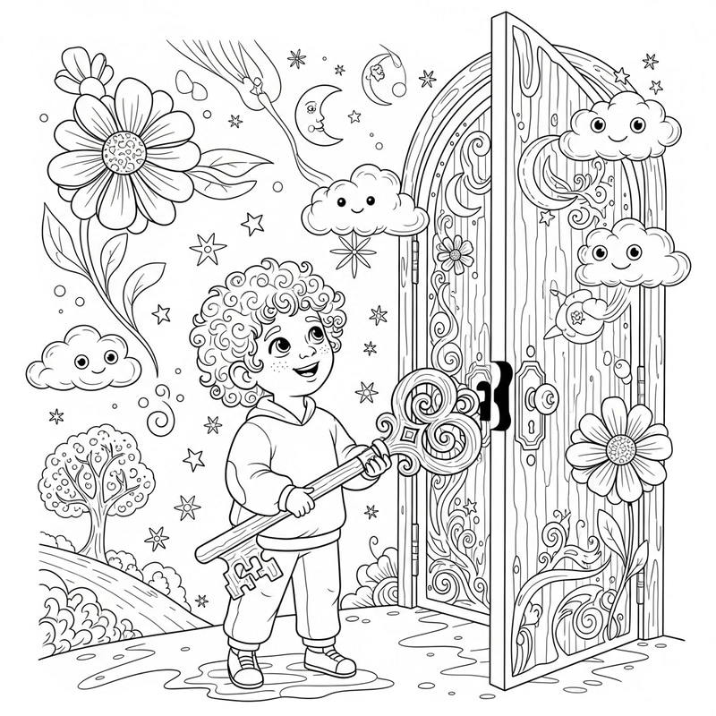 Child Unlocking Imaginary Door Coloring Page - Children's Fantasy Child Unlocking Imaginary Door Coloring Page - Children's Fantasy