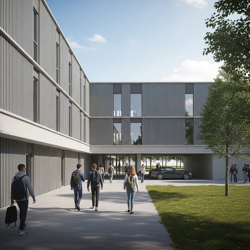 Modern Minimalist School Design with Diverse Students Arriving Modern Minimalist School Design with Diverse Students Arriving