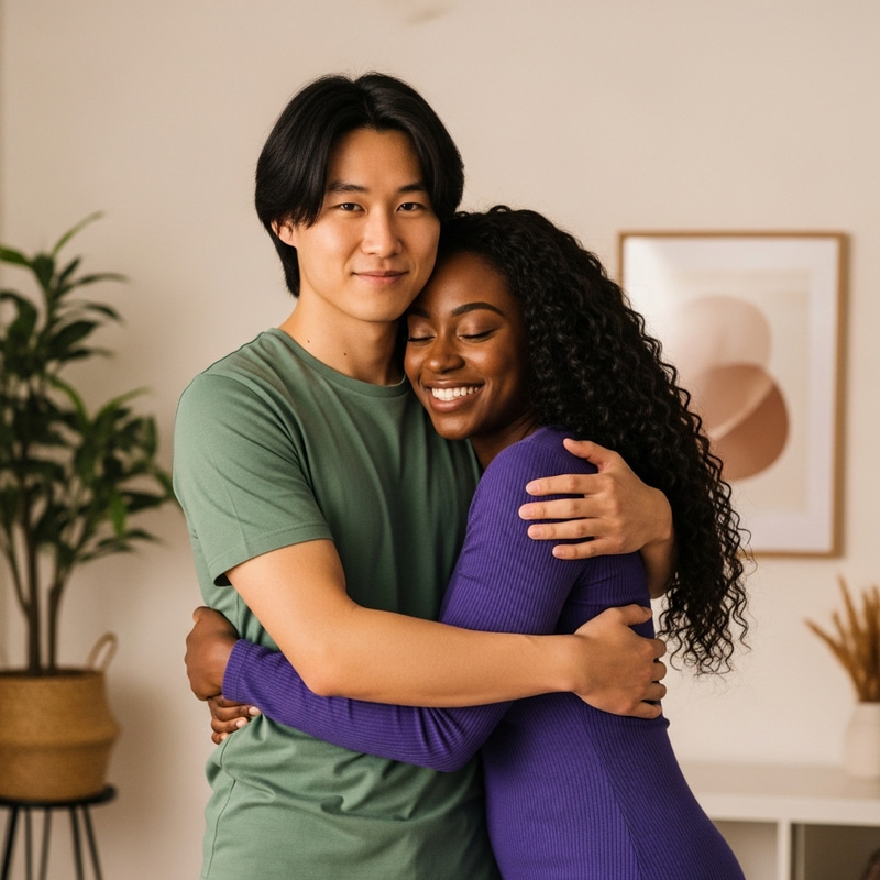 Asian Man Hugging Black Woman - Heartwarming Embrace