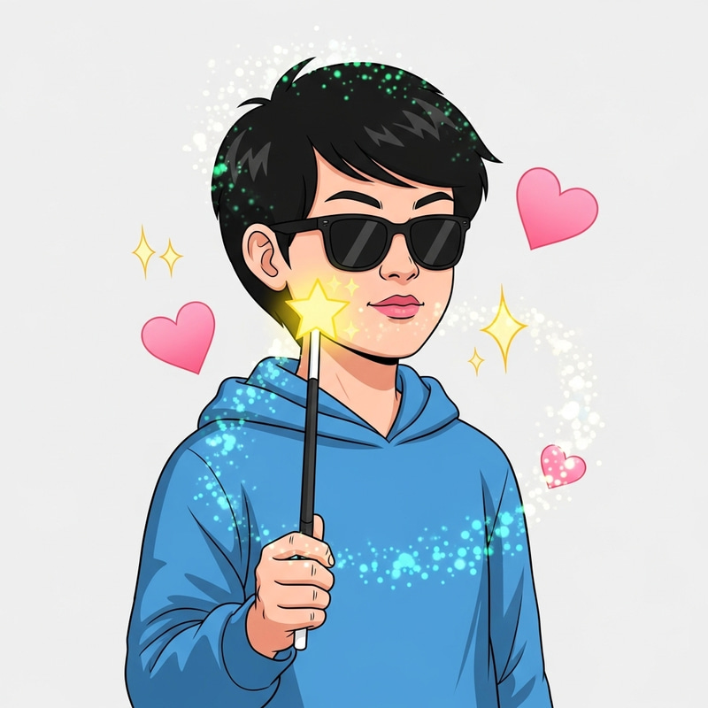 Humorous Cartoon Drawing of Asian Gender-Neutral Person with Magic Wand Humorous Cartoon Drawing of Asian Gender-Neutral Person with Magic Wand