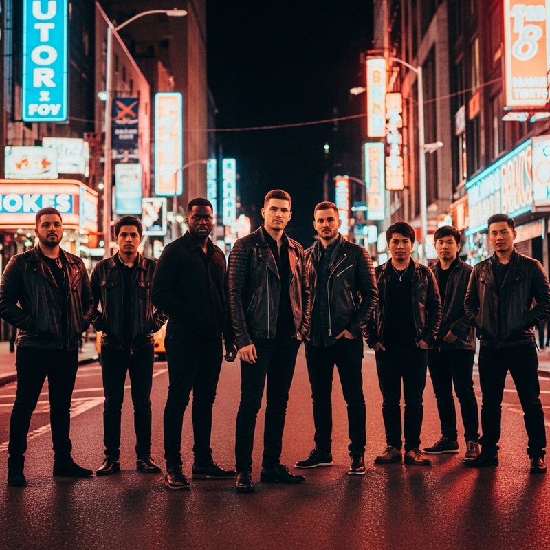 Dramatic Film Noir Scene: Stylish Men in Neon-Lit City Streets Dramatic Film Noir Scene: Stylish Men in Neon-Lit City Streets