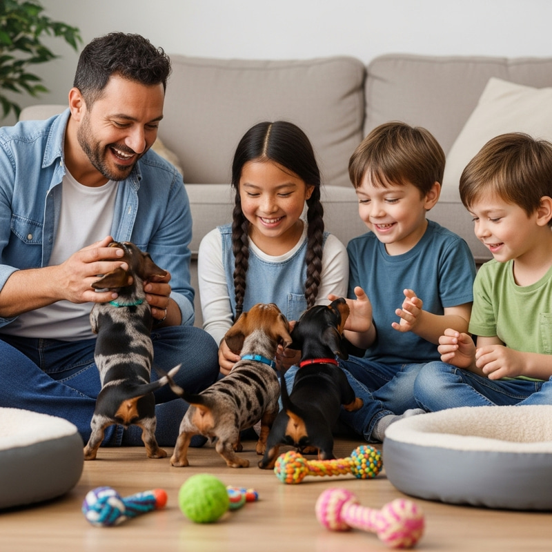 Dachshund Breeder Playing with Puppies and Children