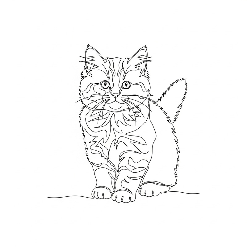Minimalist Siberian Kitten Illustration in Black Line Art Minimalist Siberian Kitten Illustration in Black Line Art