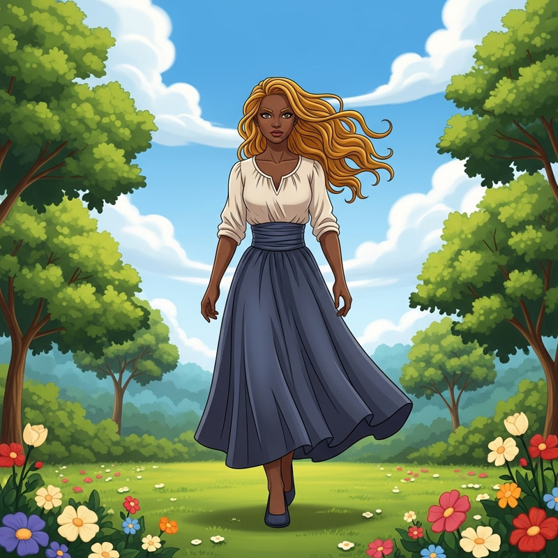 Elegant Dark Skin Woman Walking Illustration