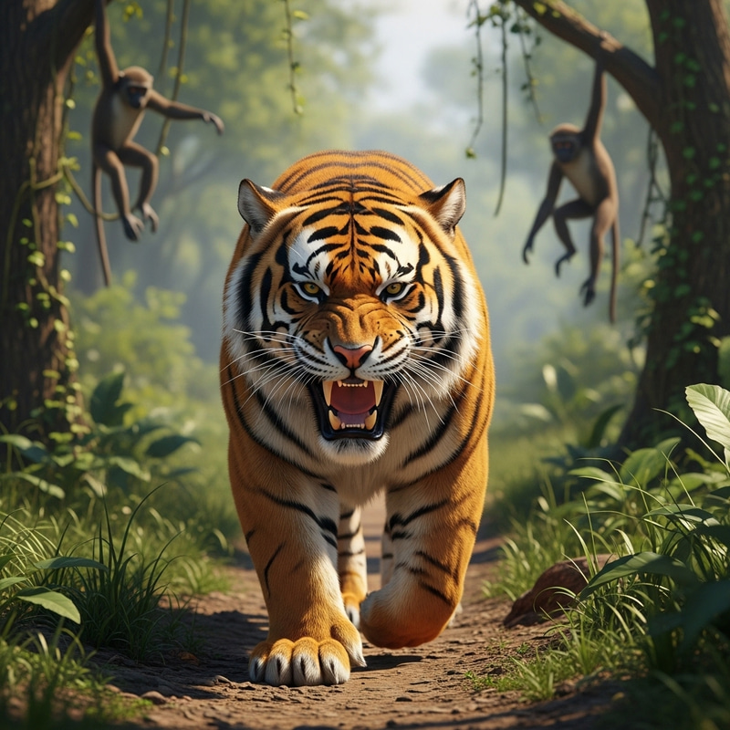 Ferocious Ginger Tiger in Wild Jungle | Realistic Photography with Monkeys
