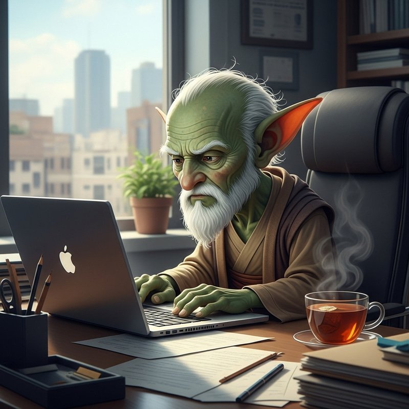 Yoda Working on Laptop in Office Setting